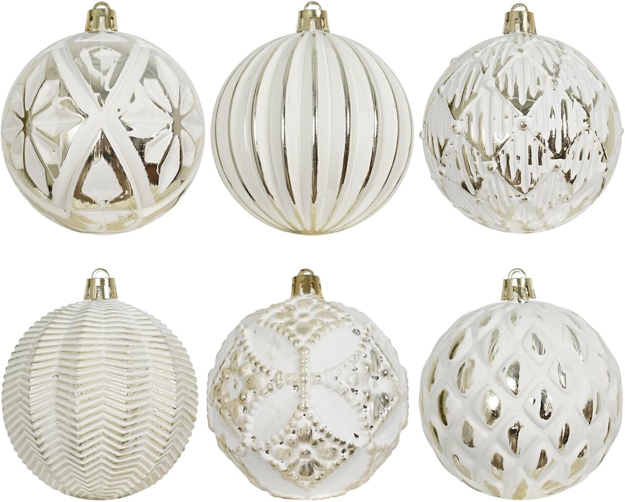 Vintage Rustic Christmas Ball Ornaments Sets, 3.15” Plastic Farmhouse Distressed Tree Decorations Shatterproof Antique Traditional Style Xmas Hanging Ornaments (White Gold, 6Pcs